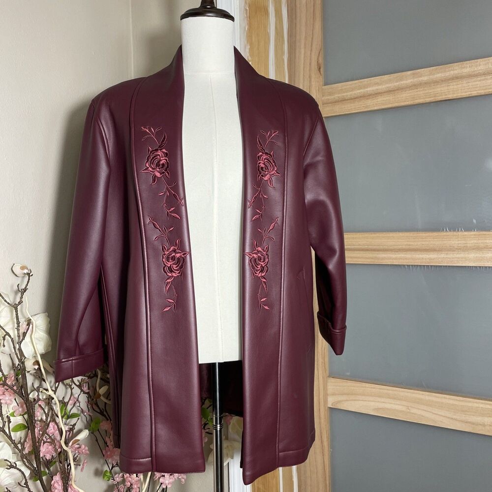 Atlantic Beach Embroidered Faux Leather Longline Jacket M Boho Western Floral